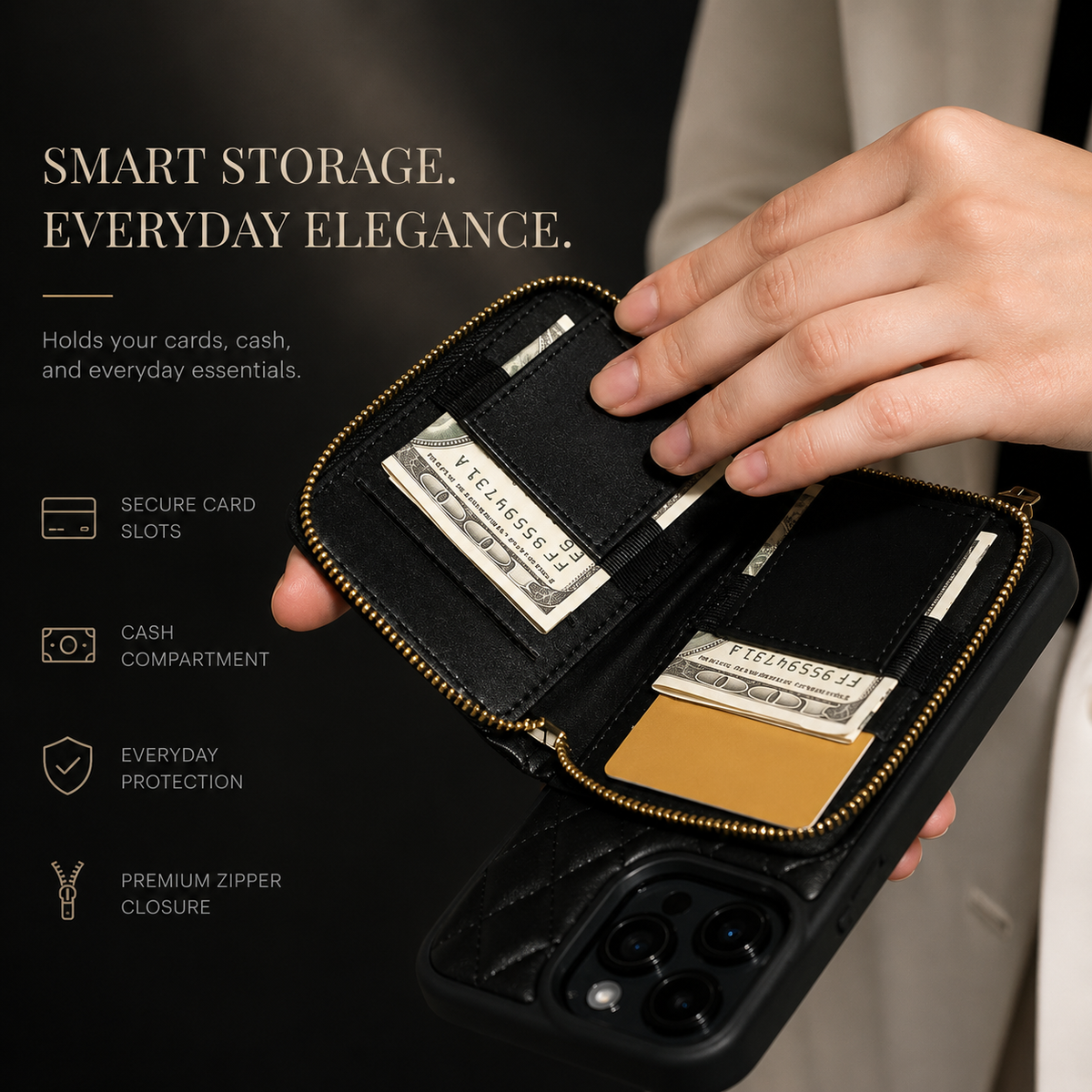 Hands open a black quilted phone case’s rear zippered wallet, revealing cards and folded cash in two panels. Text advertises secure slots, a cash compartment and zipper closure.