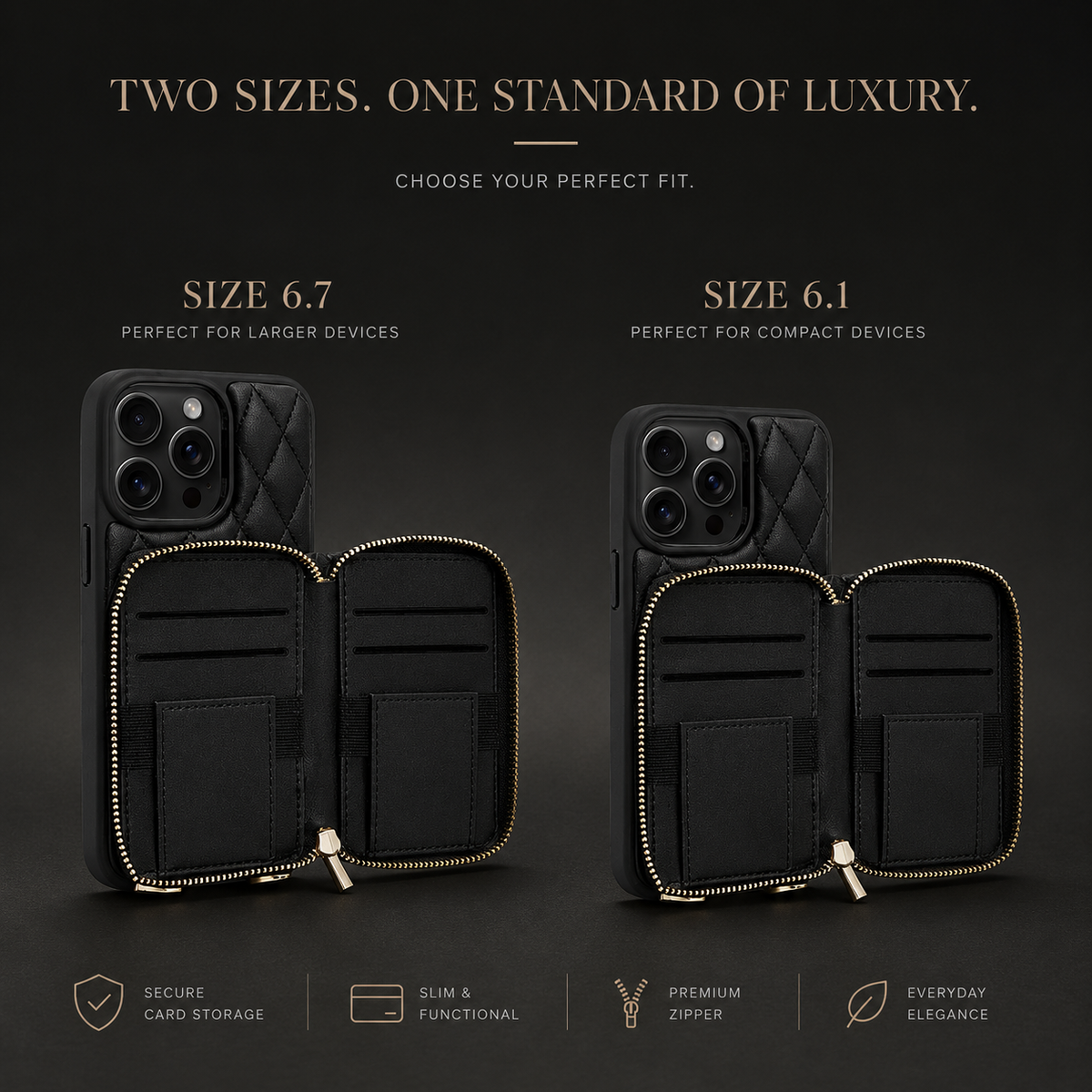 Two black quilted wallet cases have their rear compartments opened side by side, revealing card slots. Labels compare 6.7 and 6.1 sizes; text advertises secure storage.