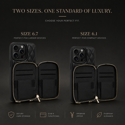 Two black quilted wallet cases have their rear compartments opened side by side, revealing card slots. Labels compare 6.7 and 6.1 sizes; text advertises secure storage.