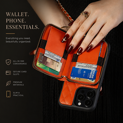 Hands with dark red nails open an orange quilted phone case’s rear wallet, showing cash and payment cards in two panels. Text advertises organized storage and a slim design.