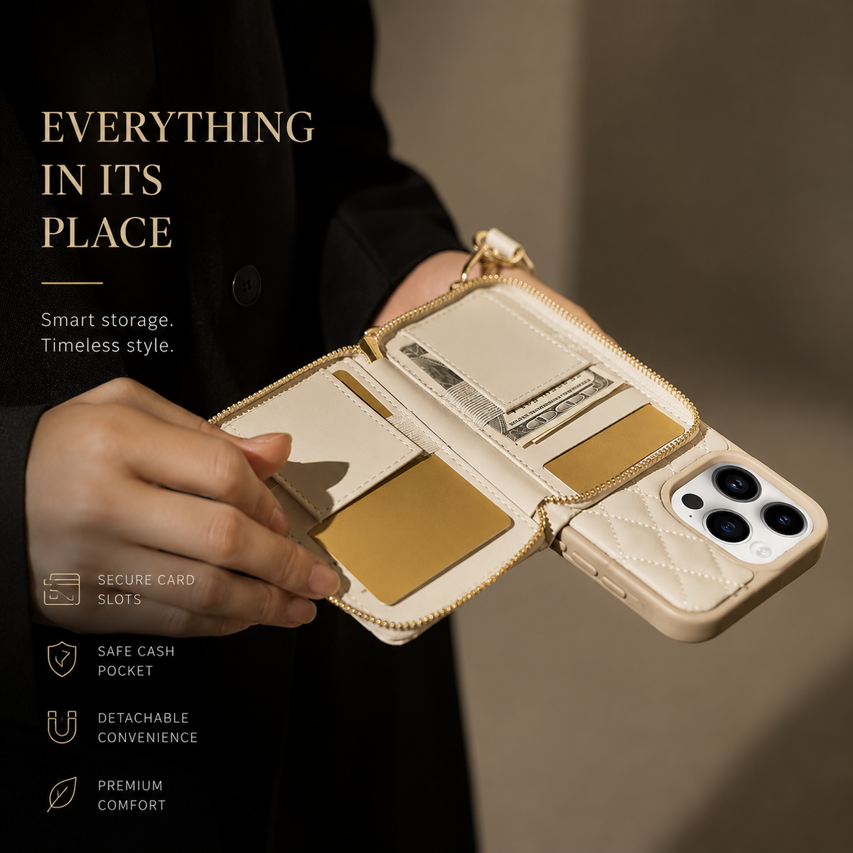 Hands hold an open cream quilted wallet phone case, revealing cards and folded cash inside the rear zippered compartment. Text advertises card slots, a cash pocket and detachable carrying convenience.
