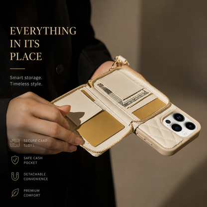 Hands hold an open cream quilted wallet phone case, revealing cards and folded cash inside the rear zippered compartment. Text advertises card slots, a cash pocket and detachable carrying convenience.