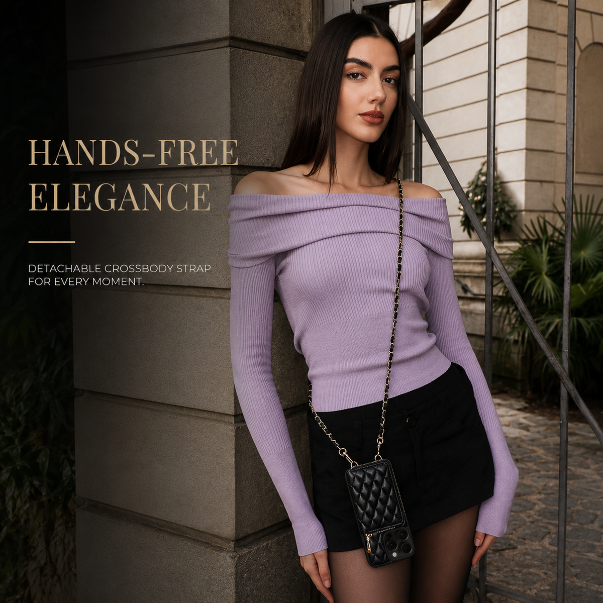 A woman in a lavender off-shoulder top and black skirt stands outdoors wearing a black quilted wallet phone case on a crossbody chain. Text promotes hands-free carrying and a detachable strap.