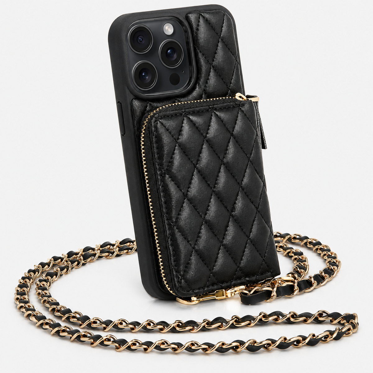 Premium iPhone Case Faux Leather Diamond Stitch Crossbody Chain Card Bag Cover Shockproof Portable Protection