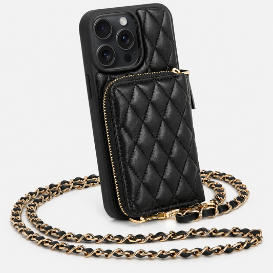 A black diamond-quilted wallet phone case stands against white, with a rectangular rear pouch edged by a gold-colored zipper and a long matching woven chain strap.