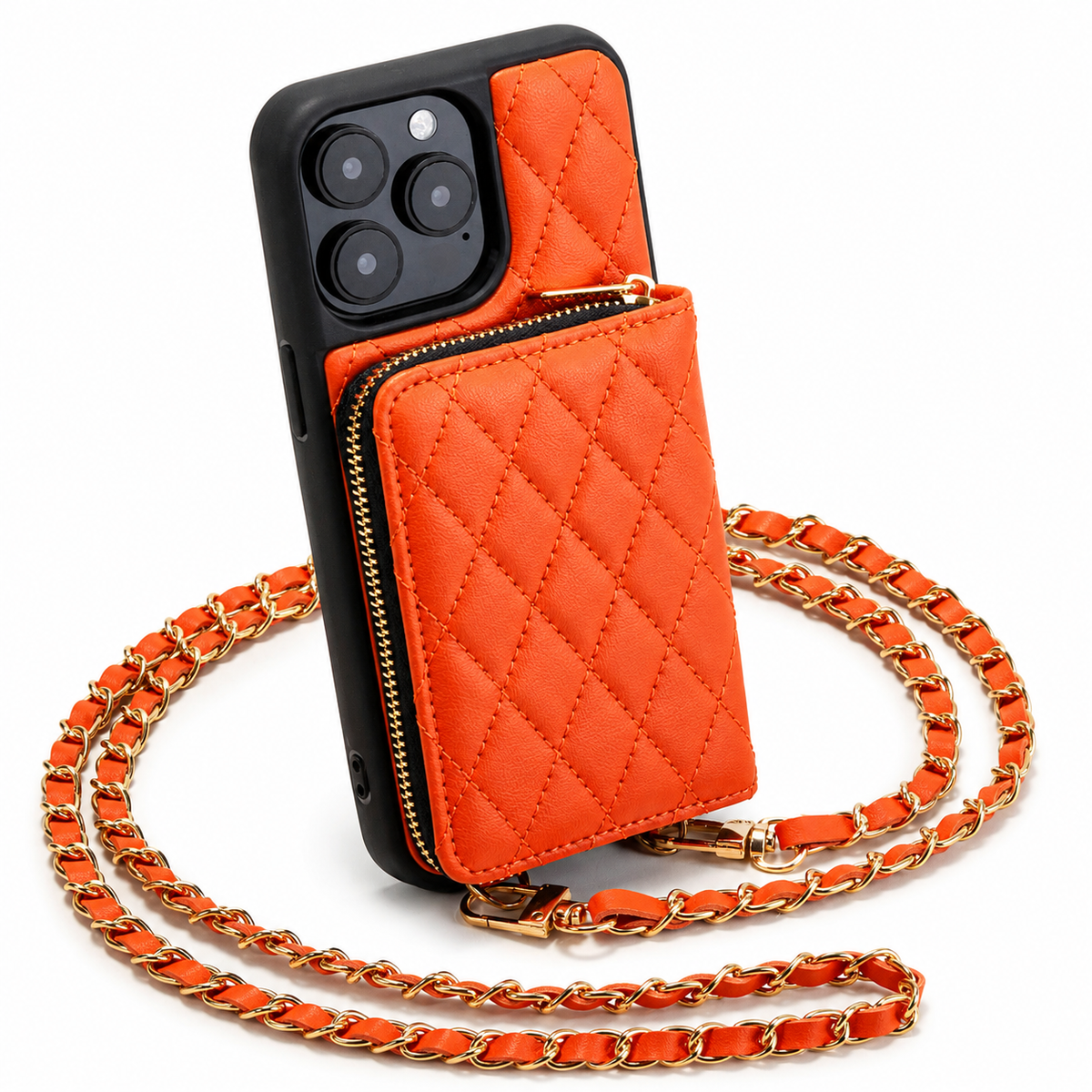 An orange diamond-quilted wallet phone case stands against white, with black phone edges, a gold-colored zipper around its rear pouch and a matching orange woven chain strap.