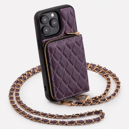 A purple diamond-quilted wallet phone case stands against white, with black phone edges, a gold-colored zipper around its rear pouch and a purple woven chain strap.