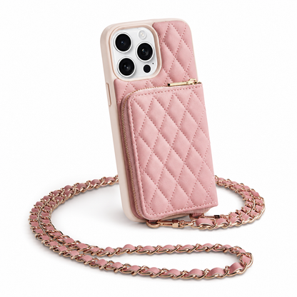 A pink diamond-quilted wallet phone case stands against white, displaying its rectangular zippered rear pouch and matching pink woven gold-colored chain strap.