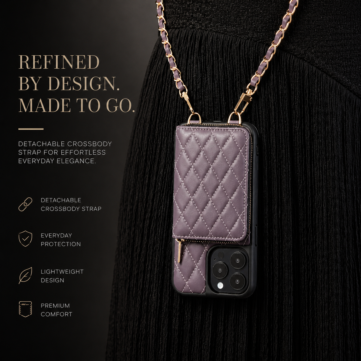 A purple quilted wallet phone case hangs upside down from a woven chain against black clothing. Text advertises a detachable crossbody strap, protection and a lightweight design.