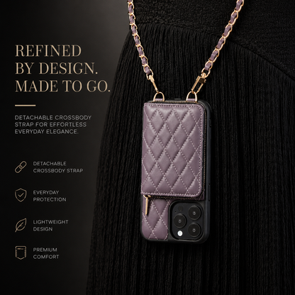 A purple quilted wallet phone case hangs upside down from a woven chain against black clothing. Text advertises a detachable crossbody strap, protection and a lightweight design.