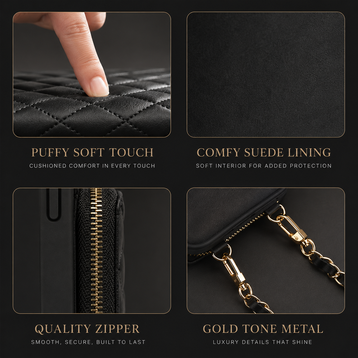 Four detail panels show a finger pressing quilted black material, a soft dark lining, a gold-colored zipper and detachable gold-colored chain clips. Text highlights cushioning, lining and hardware.