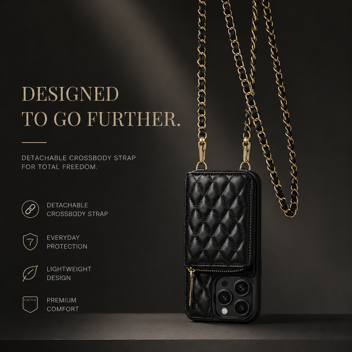 A black quilted wallet phone case hangs upside down from a long gold-colored chain against a dark background. Text advertises a detachable crossbody strap, protection and a lightweight design.