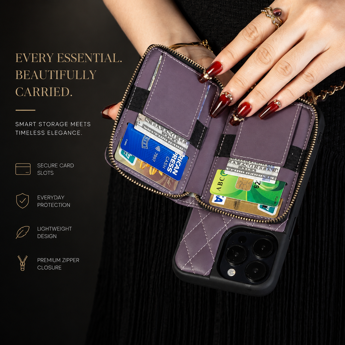 Hands with dark red nails open the rear wallet of a purple quilted phone case, revealing card slots holding cash and payment cards. Text advertises storage and zipper closure.