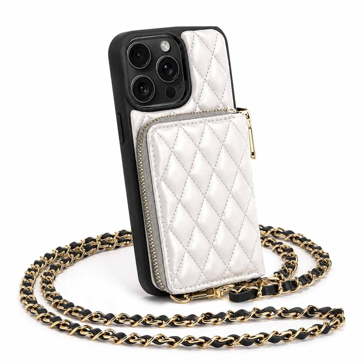 A white diamond-quilted wallet phone case stands against white with a zippered rectangular pouch on its back. A gold-colored chain woven with black material loops around its base.