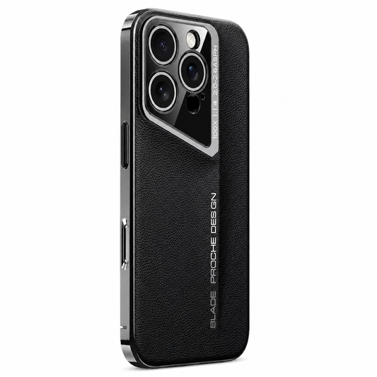 A black pebbled phone case stands at an angle on white. Shiny silver-colored trim frames its edges and slanted three-lens camera surround; small lettering runs down the back.