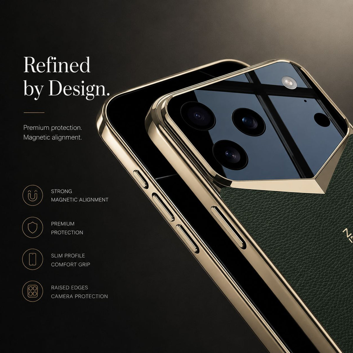 Close front and rear views show a green-and-gold case's side buttons, polished frame and V-shaped raised camera surround.