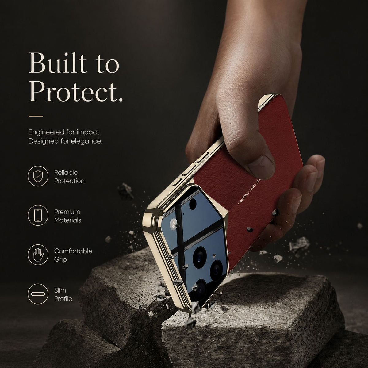 A hand holds a burgundy-and-gold case camera-corner-first against a rough block, with small fragments nearby. Text advertises impact protection.