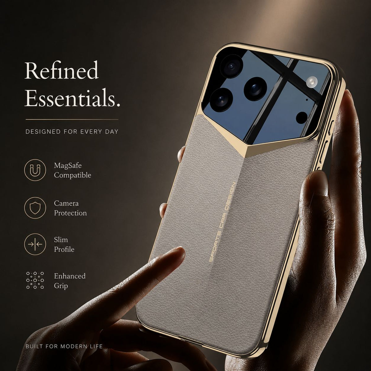 Two hands hold a beige-and-gold textured case upright. A finger rests near the lower corner beneath icons advertising grip and a slim profile.