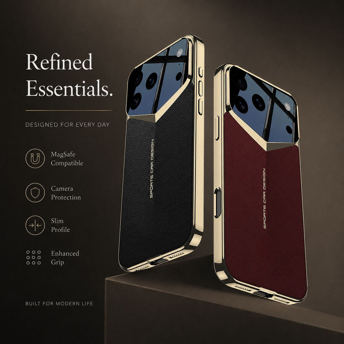 Black and burgundy cases stand at different angles on dark platforms, showing their textured backs and gold-colored angular camera borders.