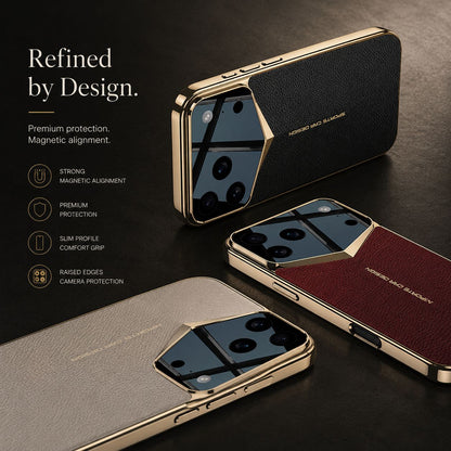 Black, burgundy and beige textured cases rest on stepped dark surfaces. Their reflective camera panels taper into gold-colored V borders.
