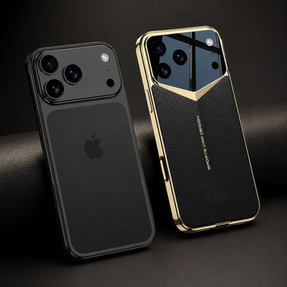 A dark phone without a case stands beside the black-and-gold textured case on a dark platform, illustrating the added frame and angular camera surround.