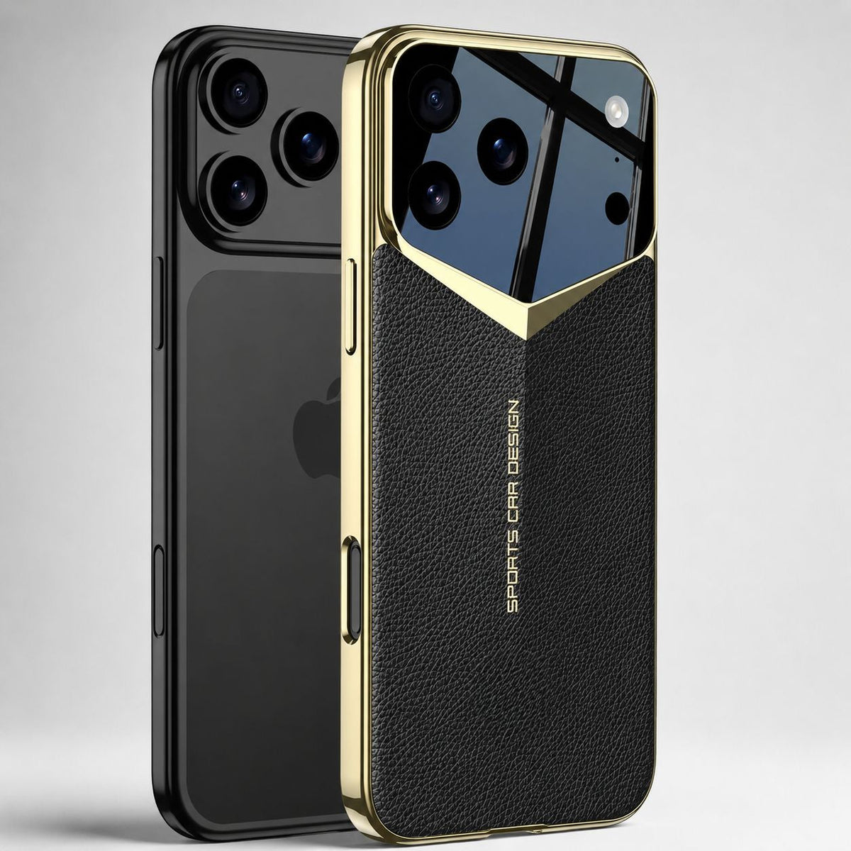 A dark phone stands beside a black textured case against gray, showing the gold-colored V-shaped camera border and polished side frame.