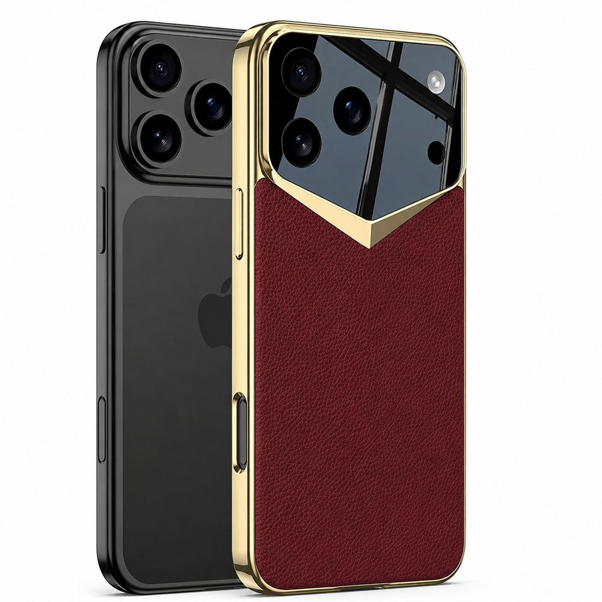 A dark phone stands beside a burgundy textured case on white. Gold-colored edges and a V-shaped camera surround contrast with the red back.