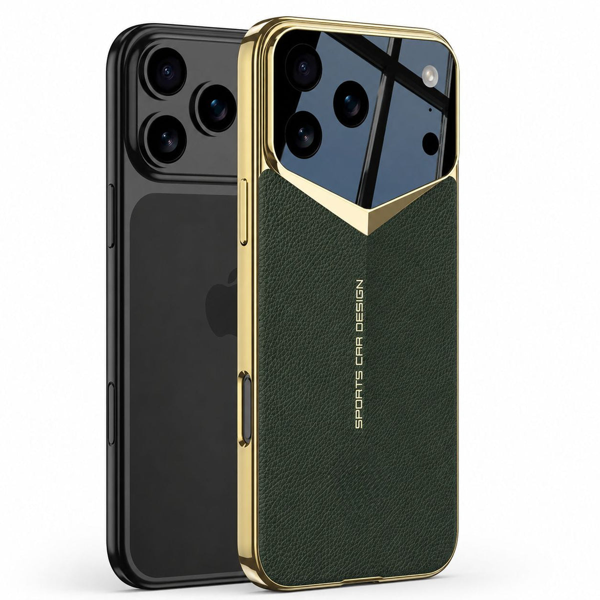 A dark phone stands beside a green textured case on white, showing its gold-colored V-shaped camera surround and small vertical lettering.