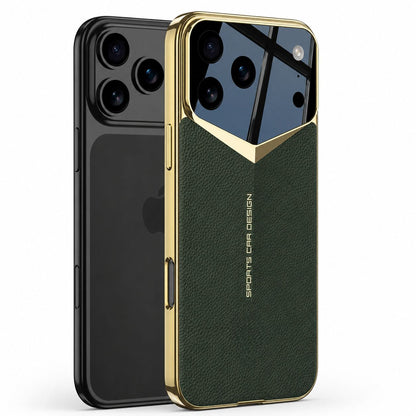 A dark phone stands beside a green textured case on white, showing its gold-colored V-shaped camera surround and small vertical lettering.