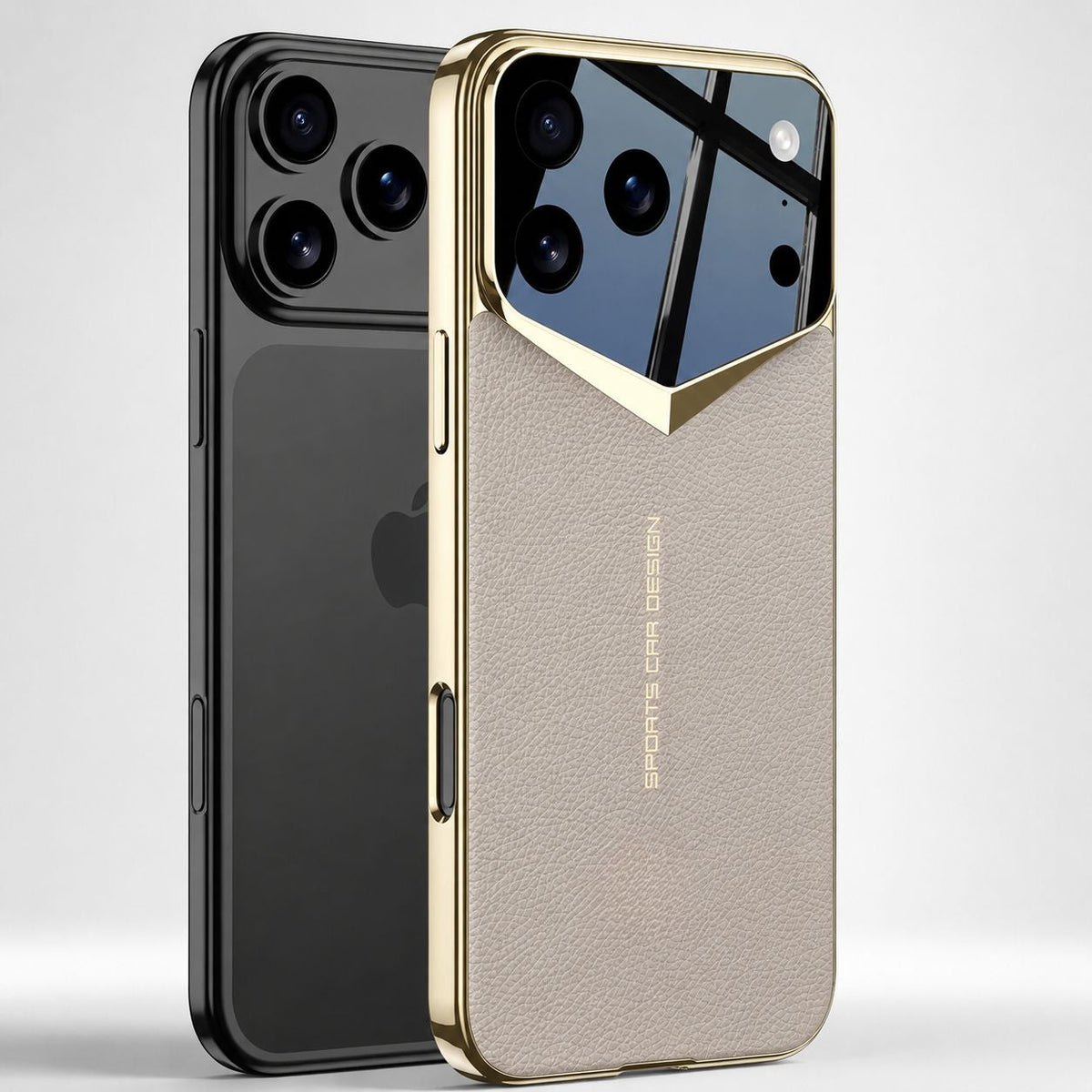 A dark phone stands beside a beige textured case against pale gray. A gold-colored angular border frames the reflective camera panel.