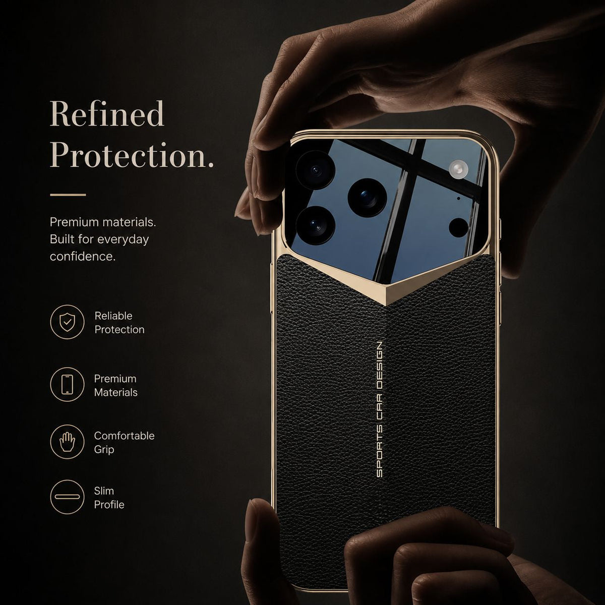 Hands support a black-and-gold textured case upright against dark brown. Text highlights the materials, comfortable grip and slim profile.