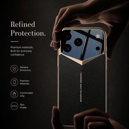 Hands support a black-and-gold textured case upright against dark brown. Text highlights the materials, comfortable grip and slim profile.
