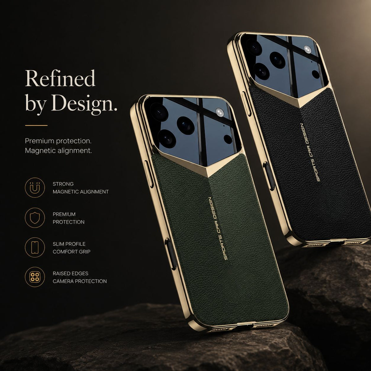 Green and black textured cases lean on rough rock, showing reflective angular camera panels and polished gold-colored sides. Text advertises magnetic alignment.
