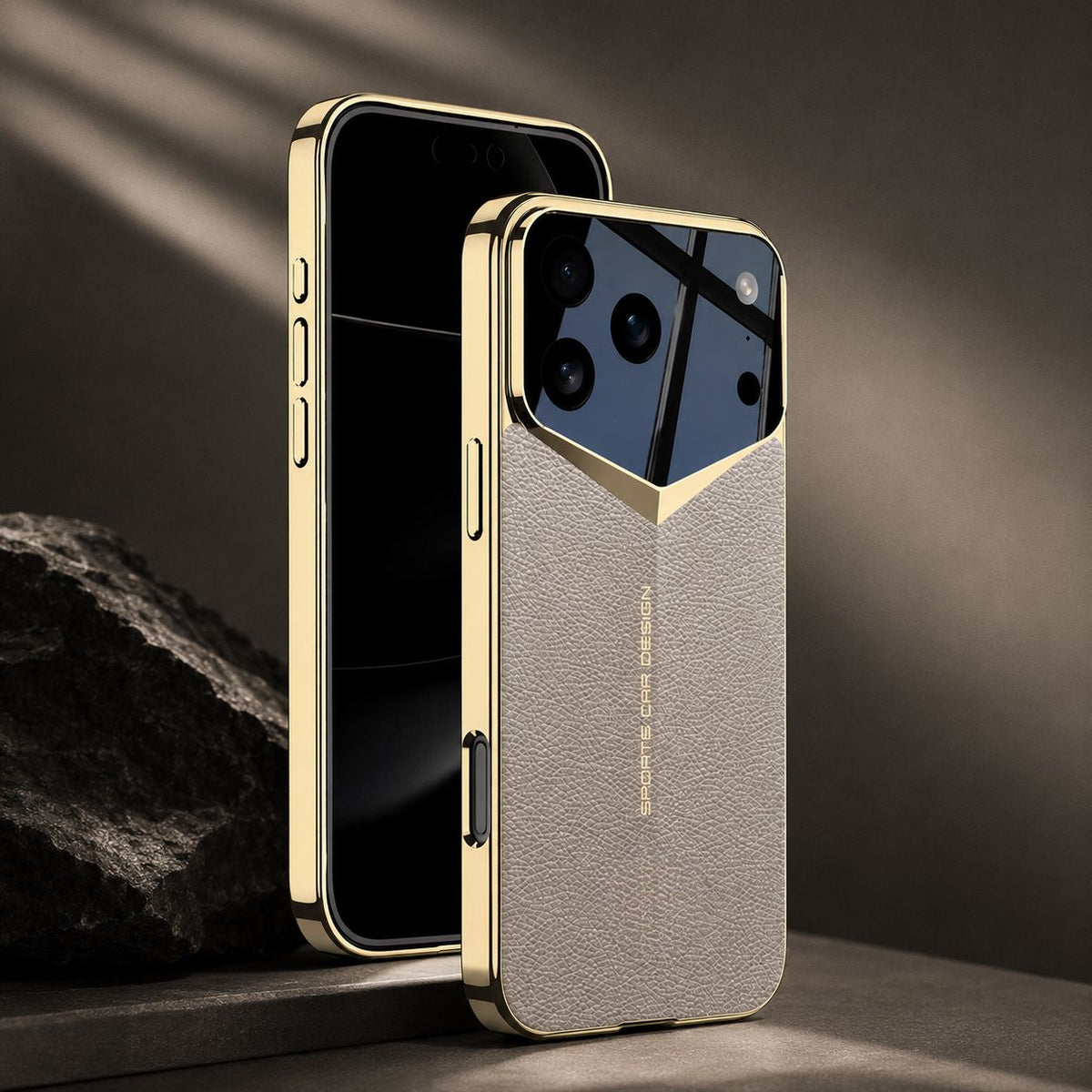 Front and rear views show a beige-and-gold case standing on dark steps. Sunlight reflects across the glossy camera panel.