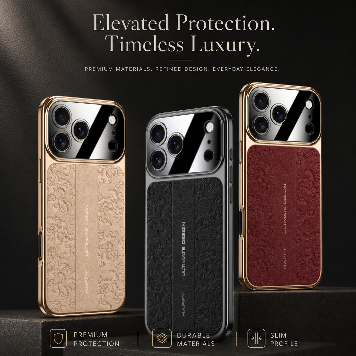 Beige, black and burgundy embossed cases stand on different levels of dark pedestals. Text highlights protection, durable materials and a slim profile.
