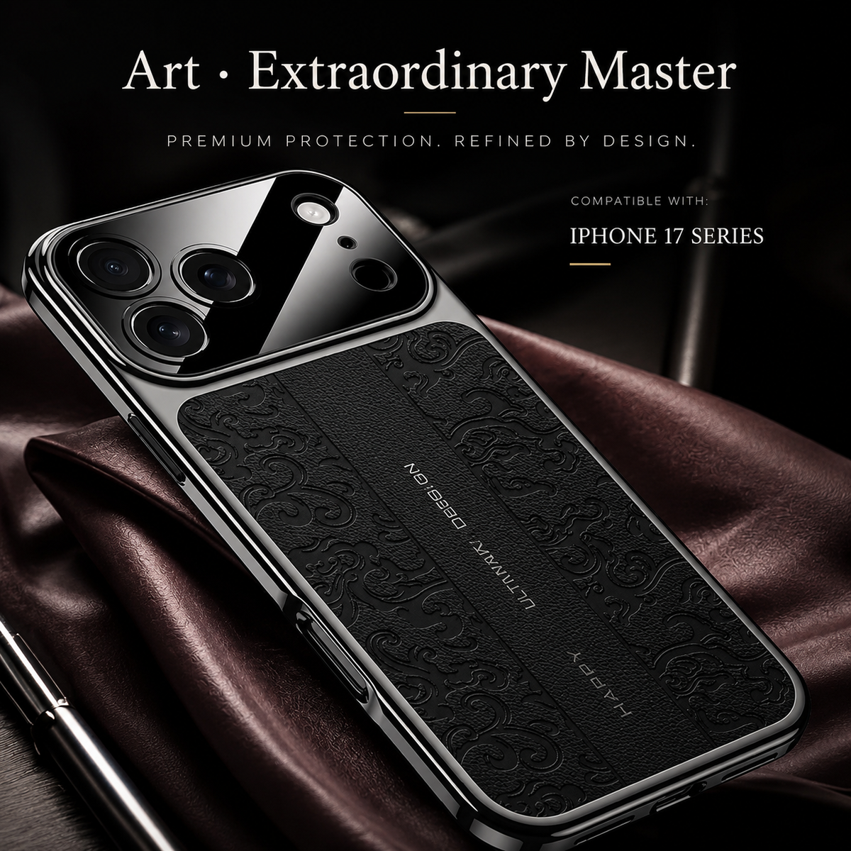 A black embossed case lies diagonally on red satin, showing its curled motifs, narrow central strip and glossy camera panel.