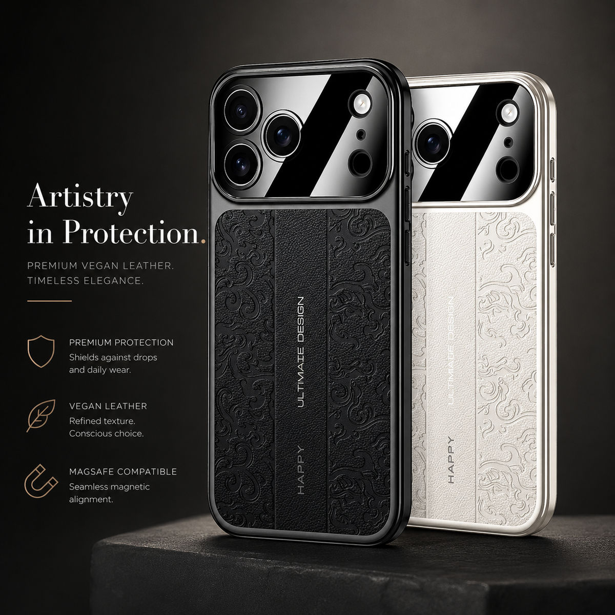 Black and cream-white embossed cases stand together on a dark pedestal. Text advertises the leather-look texture and magnetic compatibility.