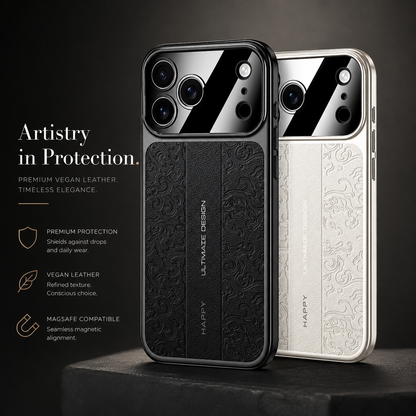 Black and cream-white embossed cases stand together on a dark pedestal. Text advertises the leather-look texture and magnetic compatibility.