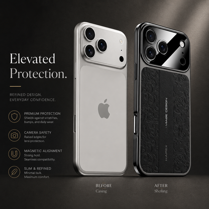 A pale phone without a case stands beside the same phone in a black embossed case. The two views are labeled Before Casing and After Shelling.