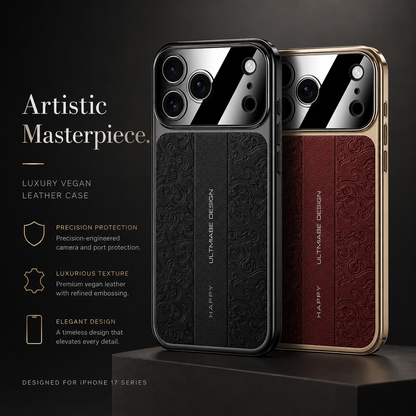 Black and burgundy embossed cases stand together on stepped dark platforms, showing their reflective camera panels and ornate curled patterns.