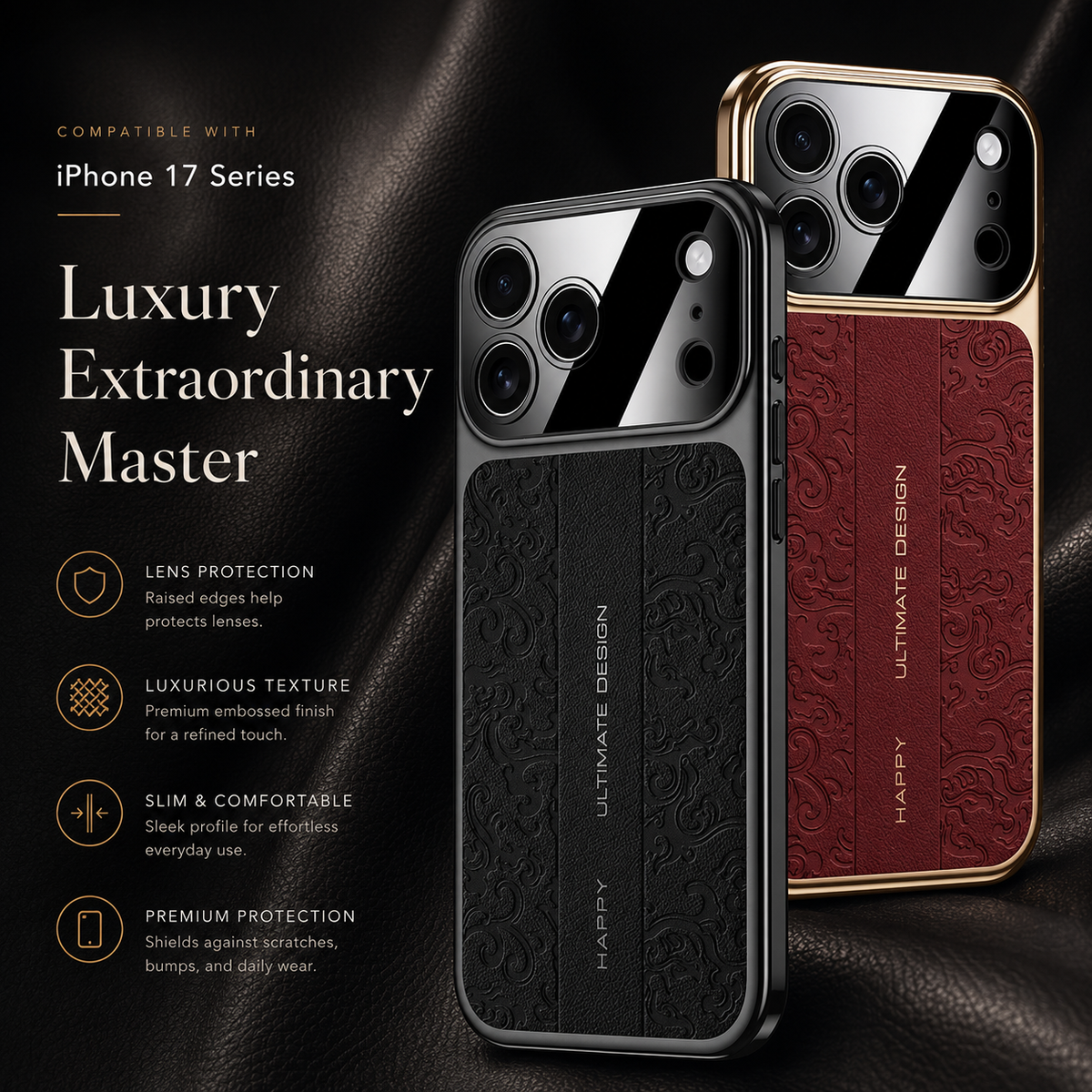 Black and burgundy cases stand at different heights against black. Text highlights their ornate texture, slim profile and raised camera borders.