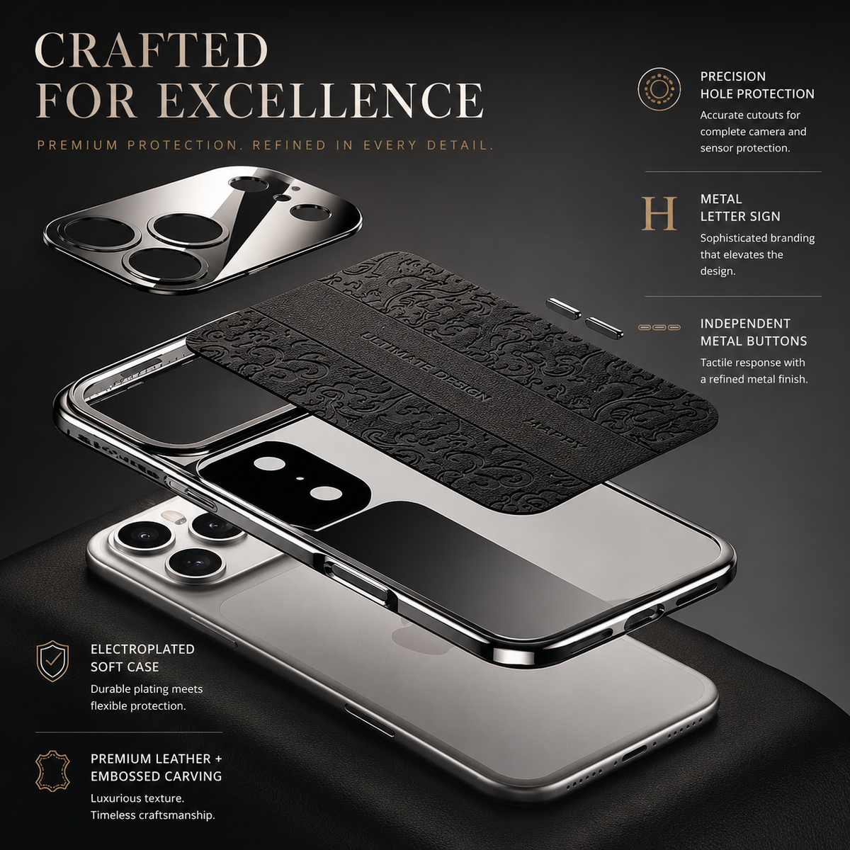 An exploded diagram separates a glossy camera panel, embossed black back insert, shiny perimeter frame, side buttons and phone. Labels point to the lettering, button covers and decorative texture.