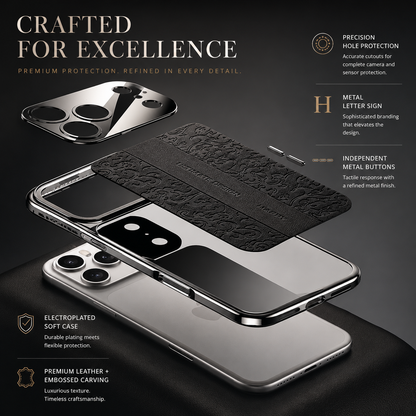 An exploded diagram separates a glossy camera panel, embossed black back insert, shiny perimeter frame, side buttons and phone. Labels point to the lettering, button covers and decorative texture.