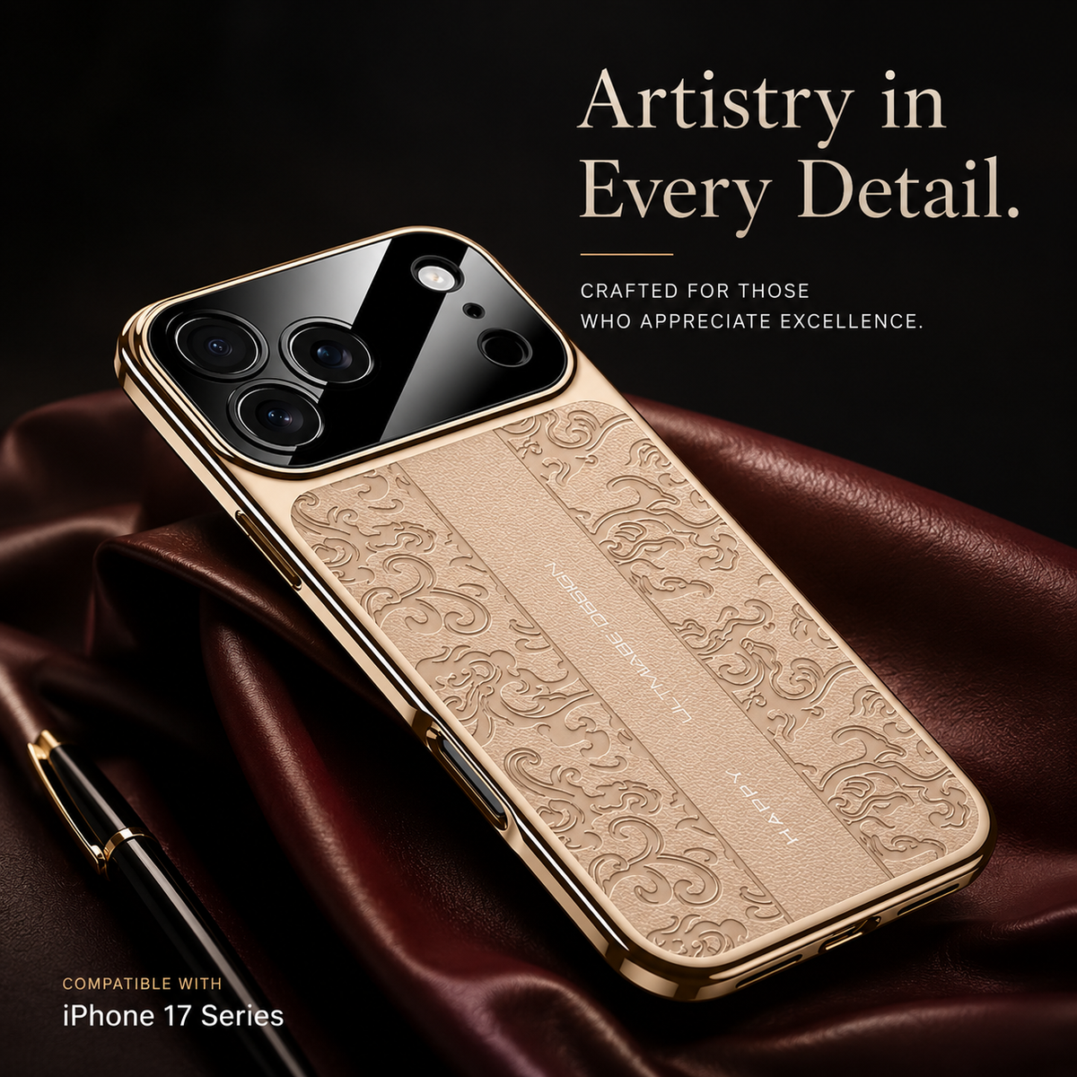 A beige embossed case lies diagonally on red satin beside a pen. Its gold-colored border and curling motifs face upward beneath text highlighting the design.