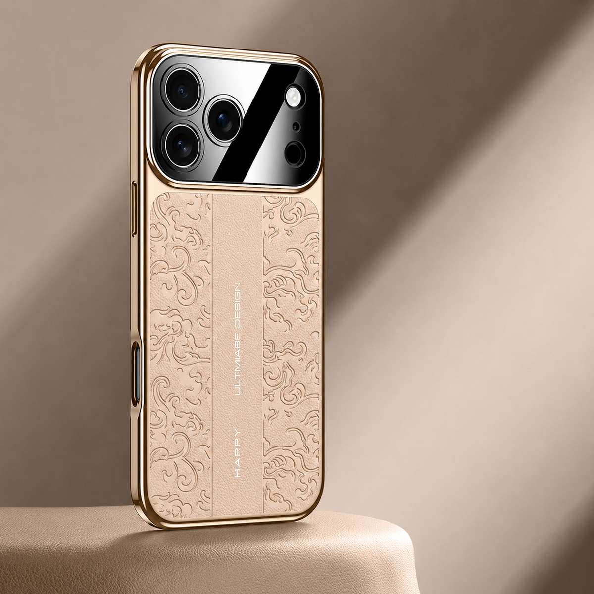 A beige embossed case with gold-colored edges stands on a warm pale pedestal. Decorative curls run beside a plain central strip with small vertical lettering.