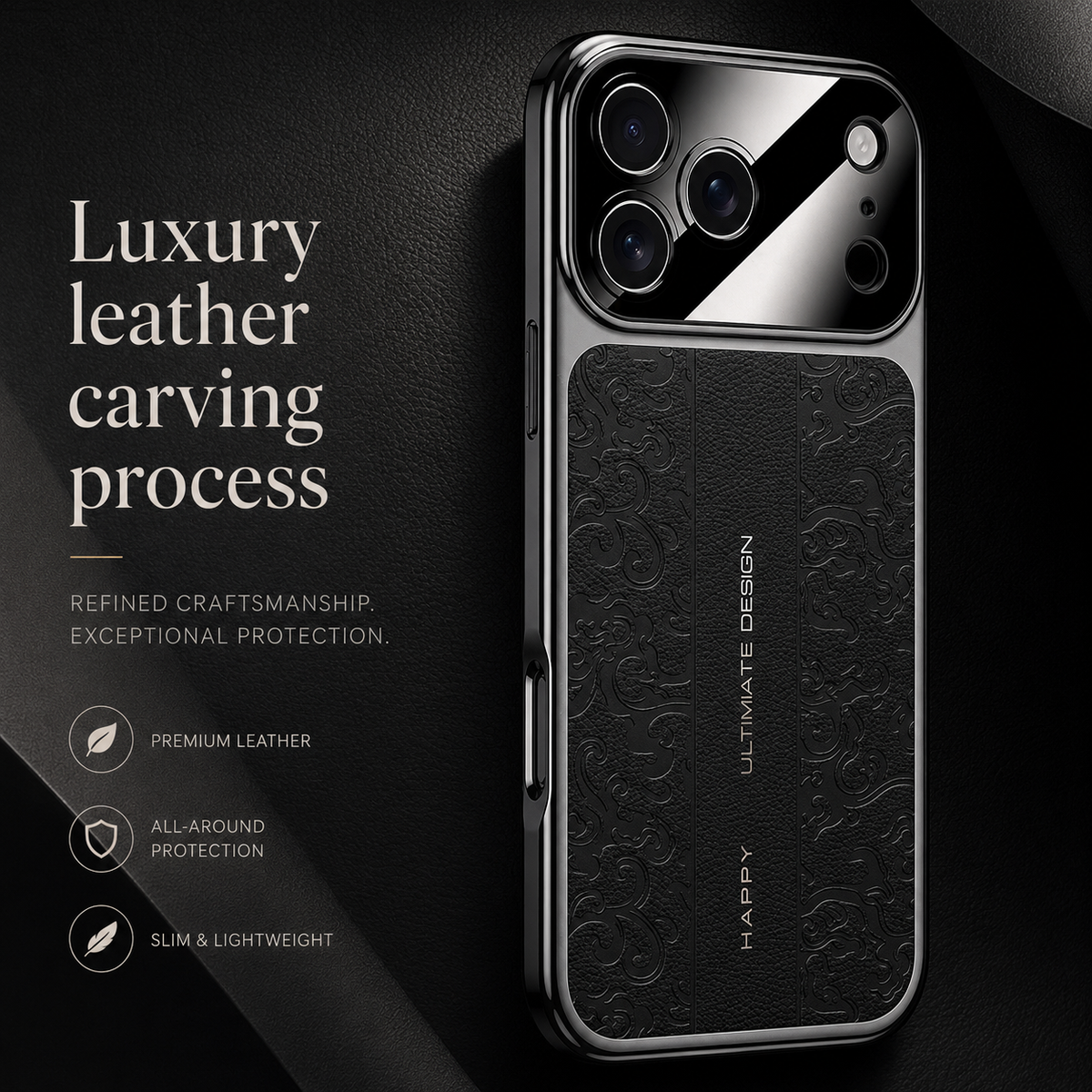 A black embossed case lies diagonally on dark textured fabric. Text promotes the decorative leather-style carving, protection and a slim shape.