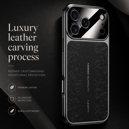 A black embossed case lies diagonally on dark textured fabric. Text promotes the decorative leather-style carving, protection and a slim shape.