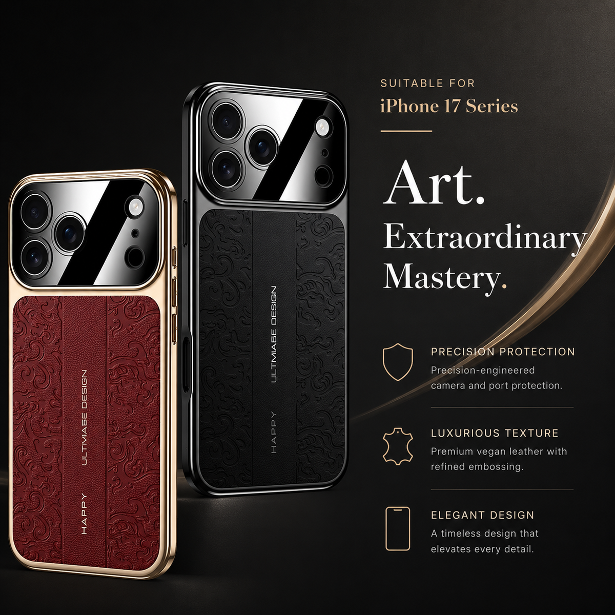 Burgundy and black embossed cases stand against a dark circular background. Text identifies the design for the iPhone 17 series and promotes the ornate texture.