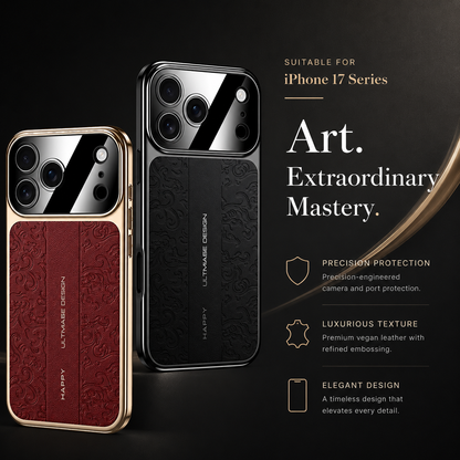 Burgundy and black embossed cases stand against a dark circular background. Text identifies the design for the iPhone 17 series and promotes the ornate texture.