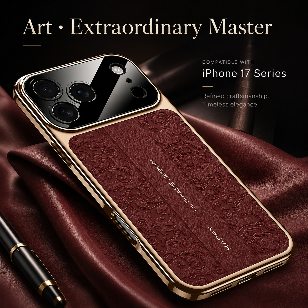 A burgundy embossed case lies on folded red satin beside a black-and-gold pen. Its shiny gold-colored border and reflective camera panel catch the light.